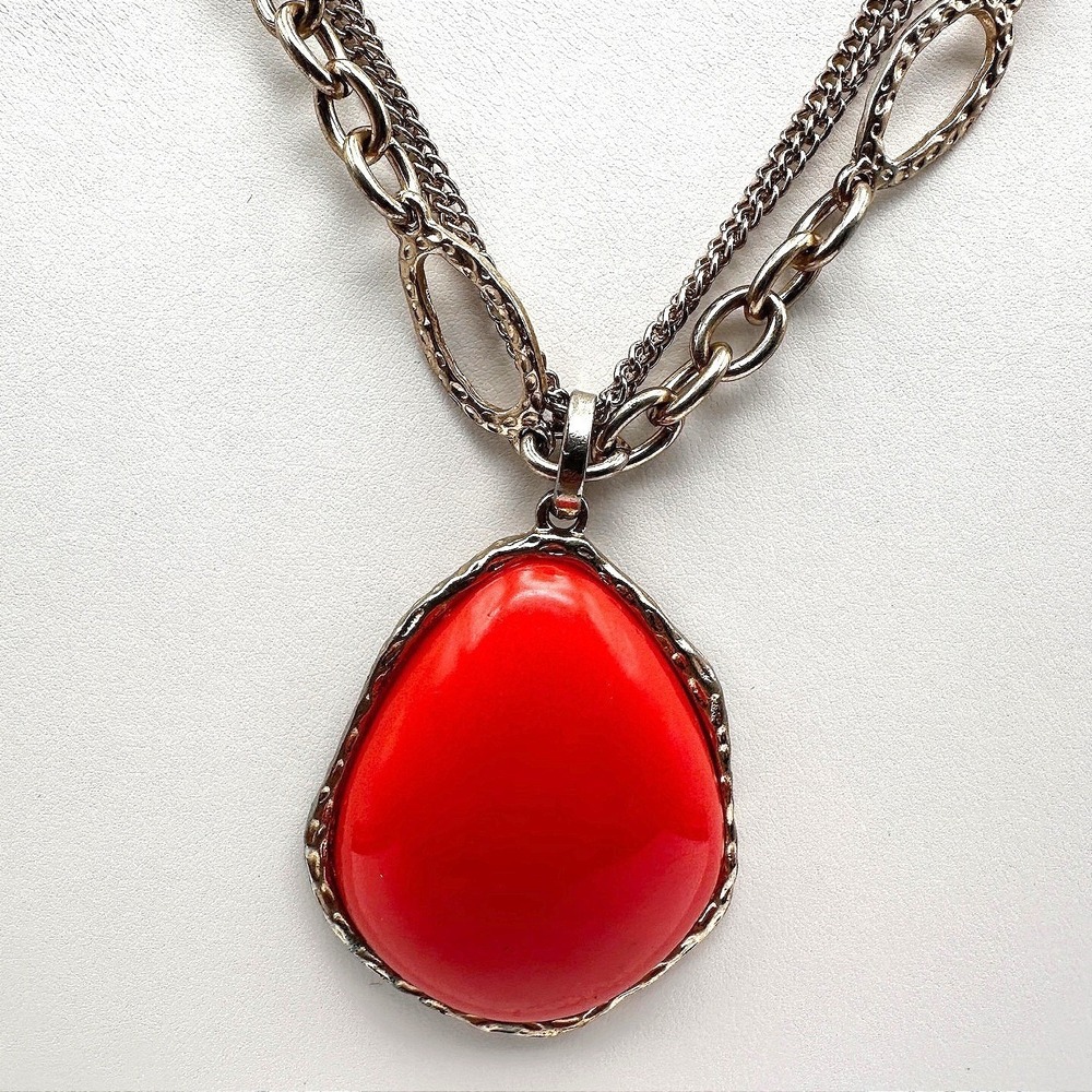 Vintage 90s Silver Tone Multi Strand Red Teardrop Pendant Necklace Boho Jewelry